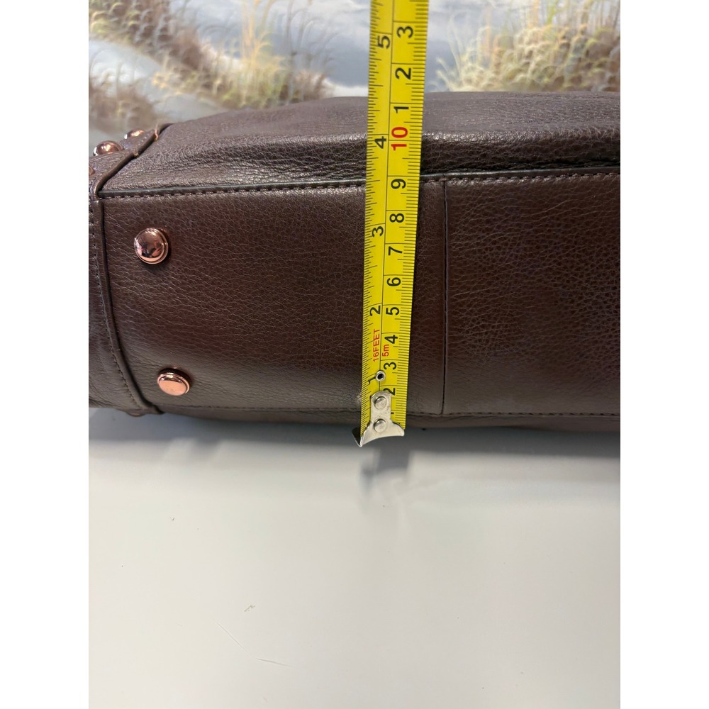 B. Makowsky Brown Leather Studded Crossbody Bag Rose Gold Hardware Pocket - Picture 8 of 12